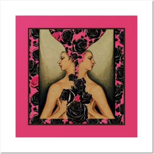 Splitted twins with black and pink roses Posters and Art